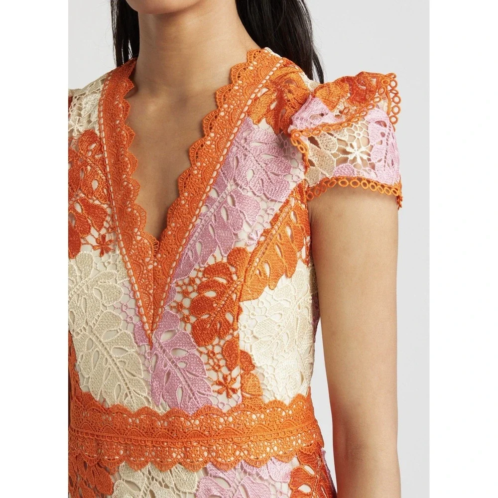 Adelyn Rae Crochet Lace Midi Dress XS Floral Orange Pink Boho‎ V-Neck
